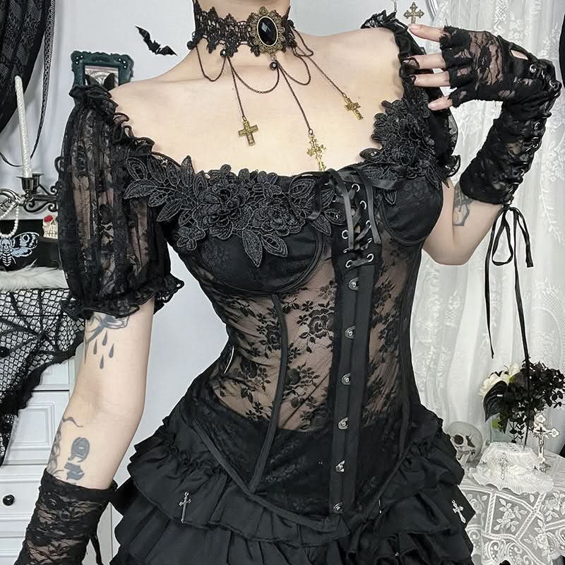 Bewitching Black Lace Off-Shoulder Corset Top | Goth Halloween & Dark Romance