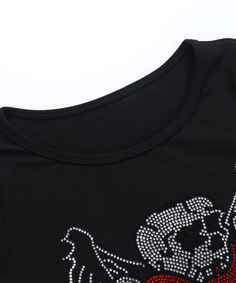 Spooky Chic Rhinestone Skull & Winged Heart Crop Top | Y2K Fall Fashion
