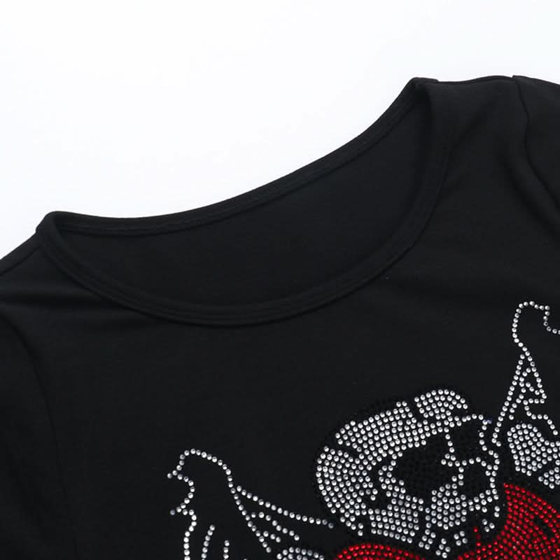 Spooky Chic Rhinestone Skull & Winged Heart Crop Top | Y2K Fall Fashion