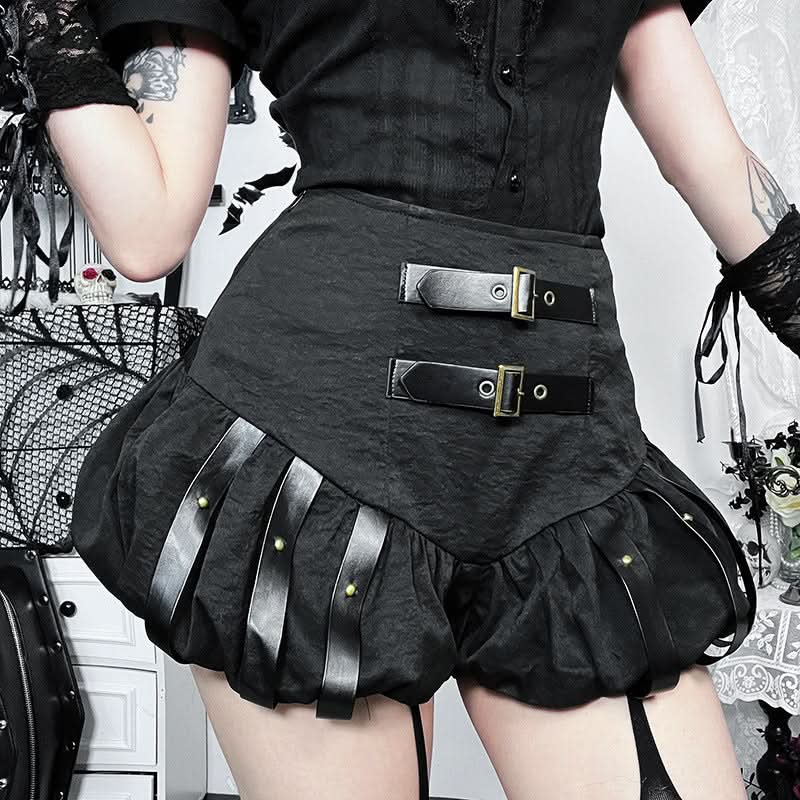 Gothic Glam Buckle Ruffle High-Waist Skort - Edgy Fall & Halloween Fashion