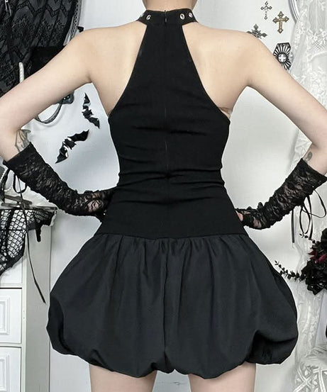 Gothic Chic Halter Corset Mini Dress - Edgy Bubble Skirt for Fall & Halloween Parties