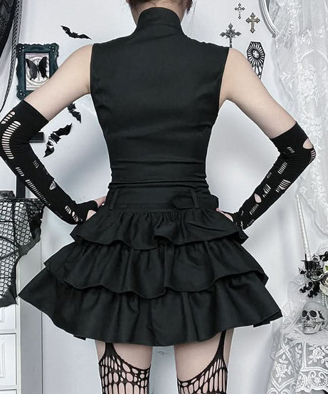 Gothic Glam Zip-Up Ruffle Mini Dress - Edgy Fall & Halloween Statement