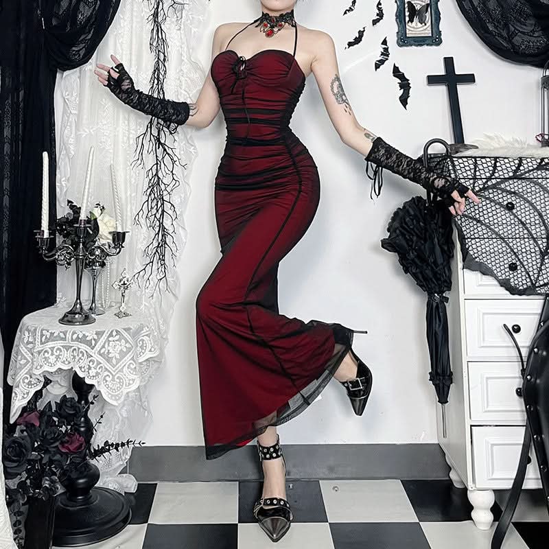 Haunted Elegance Halter Maxi Dress - Gothic Glamour for Fall & Halloween