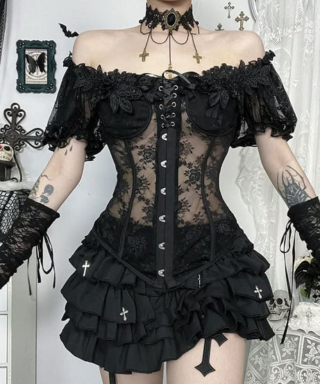 Bewitching Black Lace Off-Shoulder Corset Top | Goth Halloween & Dark Romance