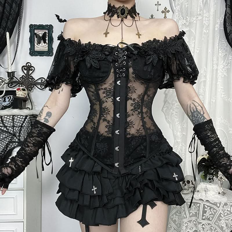Bewitching Black Lace Off-Shoulder Corset Top | Goth Halloween & Dark Romance