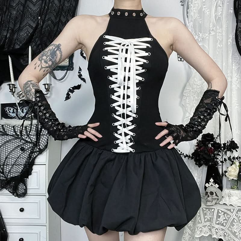 Gothic Chic Halter Corset Mini Dress - Edgy Bubble Skirt for Fall & Halloween Parties