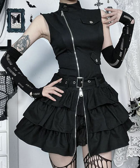 Gothic Glam Zip-Up Ruffle Mini Dress - Edgy Fall & Halloween Statement