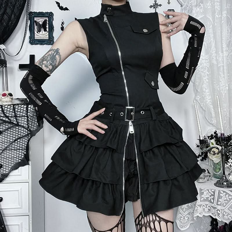 Gothic Glam Zip-Up Ruffle Mini Dress - Edgy Fall & Halloween Statement