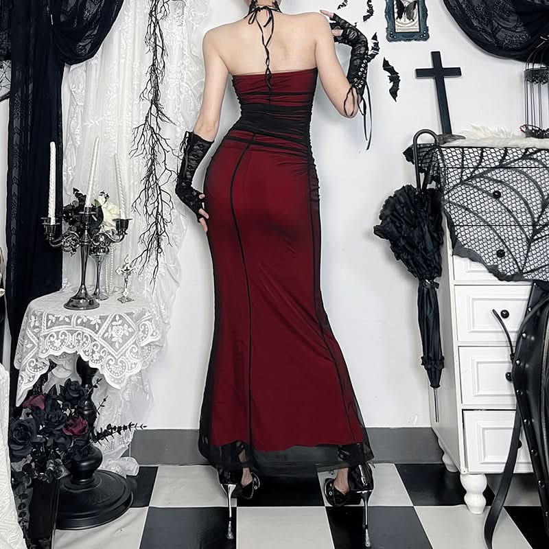 Haunted Elegance Halter Maxi Dress - Gothic Glamour for Fall & Halloween