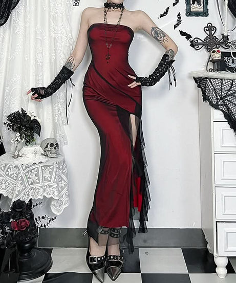 Vampy Goddess Strapless Maxi Dress - Daring High Slit Mesh for Halloween & Fall Galas