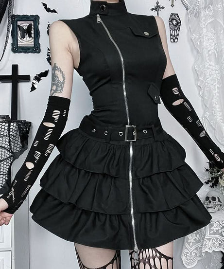 Gothic Glam Zip-Up Ruffle Mini Dress - Edgy Fall & Halloween Statement