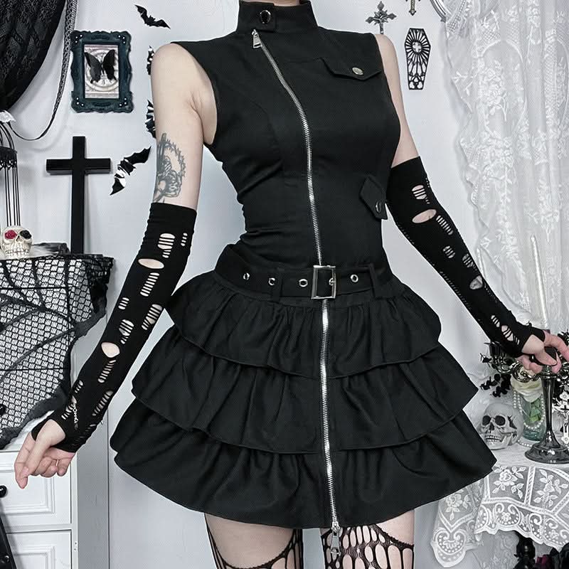 Gothic Glam Zip-Up Ruffle Mini Dress - Edgy Fall & Halloween Statement