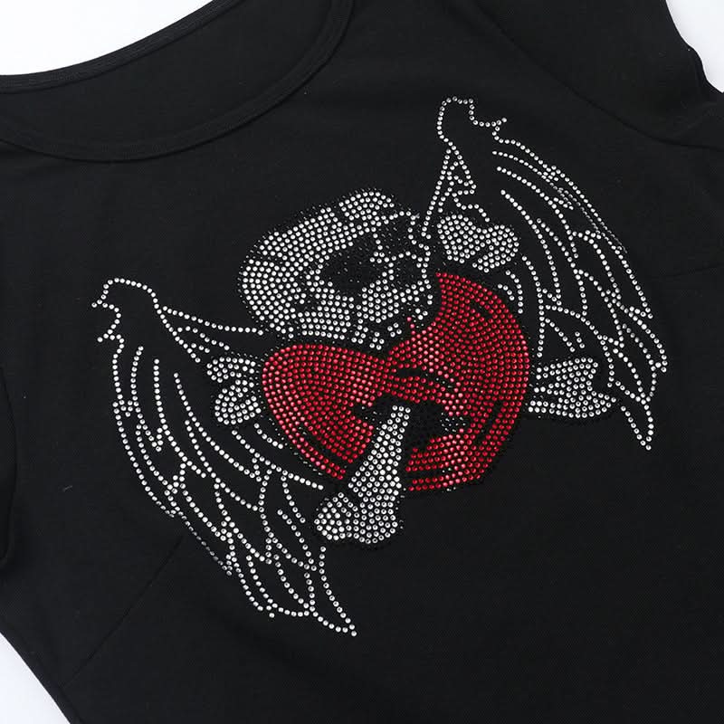 Spooky Chic Rhinestone Skull & Winged Heart Crop Top | Y2K Fall Fashion