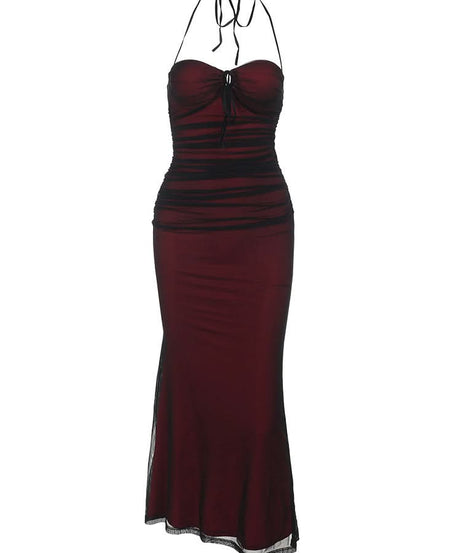 Haunted Elegance Halter Maxi Dress - Gothic Glamour for Fall & Halloween