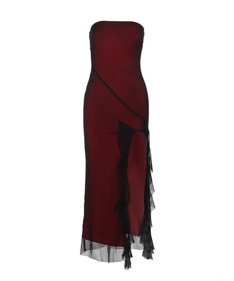Vampy Goddess Strapless Maxi Dress - Daring High Slit Mesh for Halloween & Fall Galas