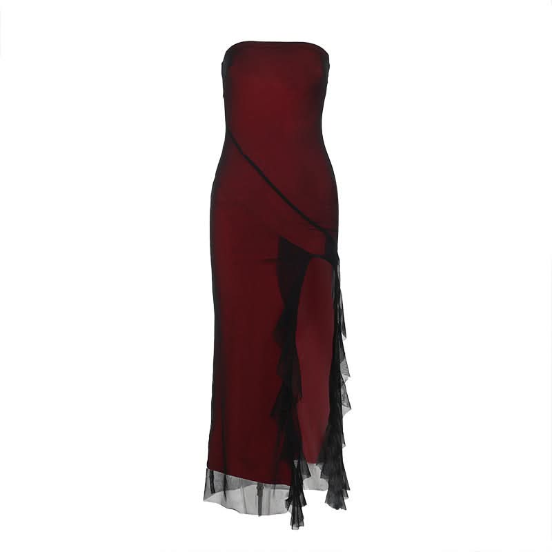 Vampy Goddess Strapless Maxi Dress - Daring High Slit Mesh for Halloween & Fall Galas