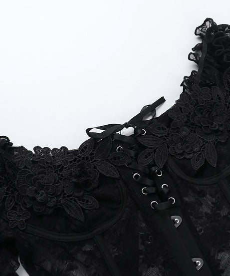 Bewitching Black Lace Off-Shoulder Corset Top | Goth Halloween & Dark Romance