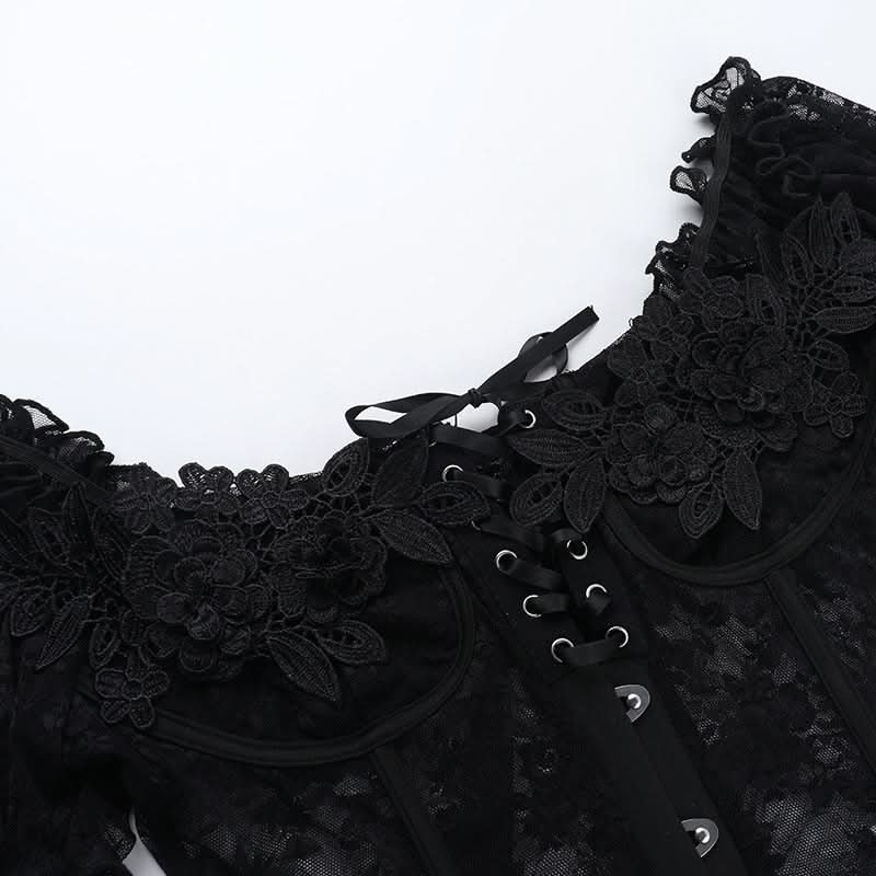 Bewitching Black Lace Off-Shoulder Corset Top | Goth Halloween & Dark Romance