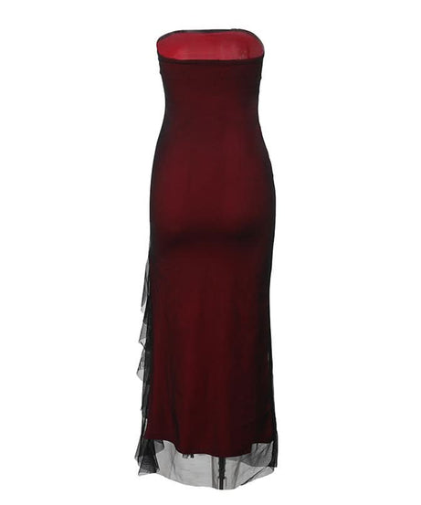 Vampy Goddess Strapless Maxi Dress - Daring High Slit Mesh for Halloween & Fall Galas