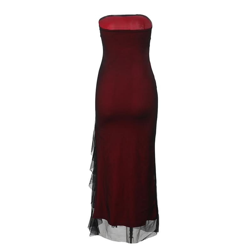 Vampy Goddess Strapless Maxi Dress - Daring High Slit Mesh for Halloween & Fall Galas