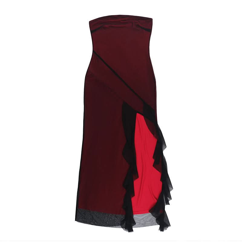 Vampy Goddess Strapless Maxi Dress - Daring High Slit Mesh for Halloween & Fall Galas