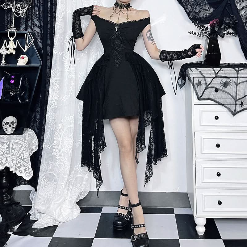 Haunted Elegance: Gothic Off-Shoulder Lace & Cross Mini Dress - Perfect for Halloween & Spooky Season
