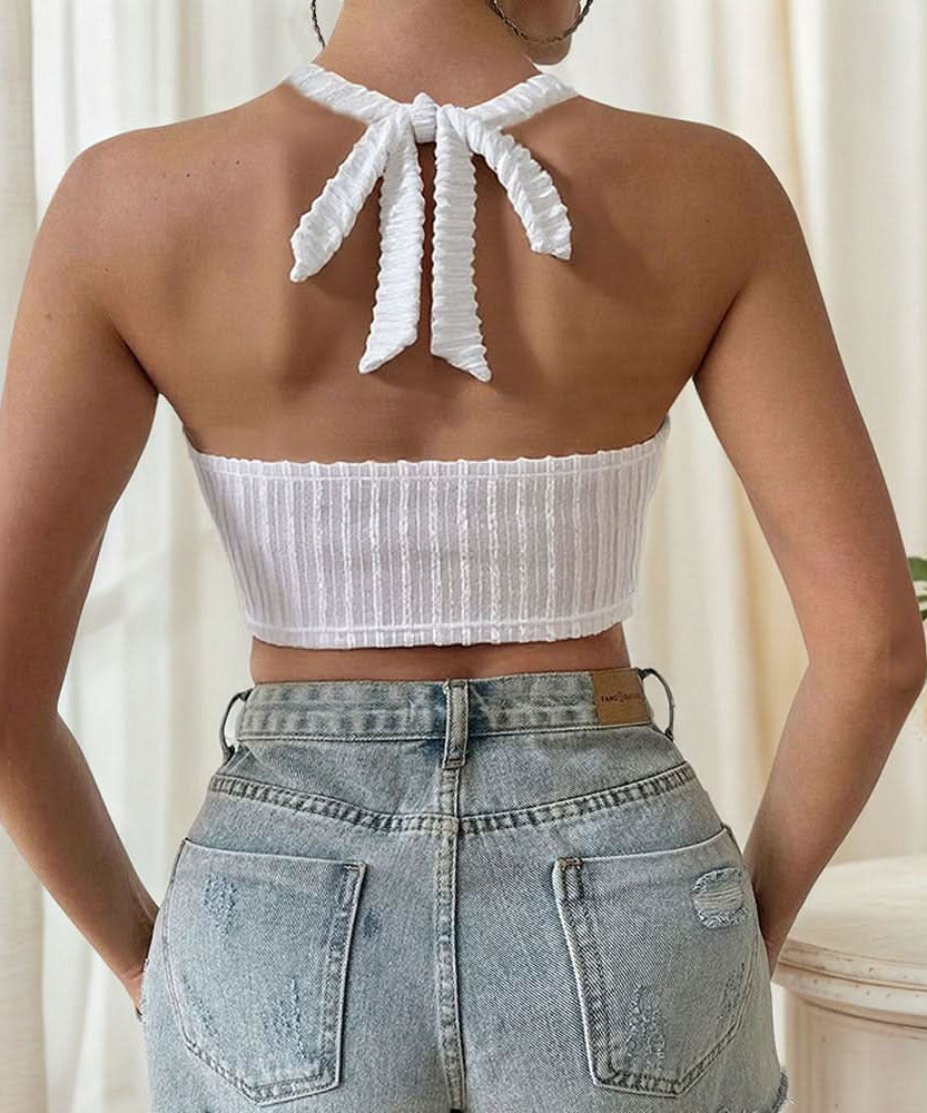 Effortless White Boho Halter Crop Top | Crochet Fringe & Textured Knit for Fall Styling