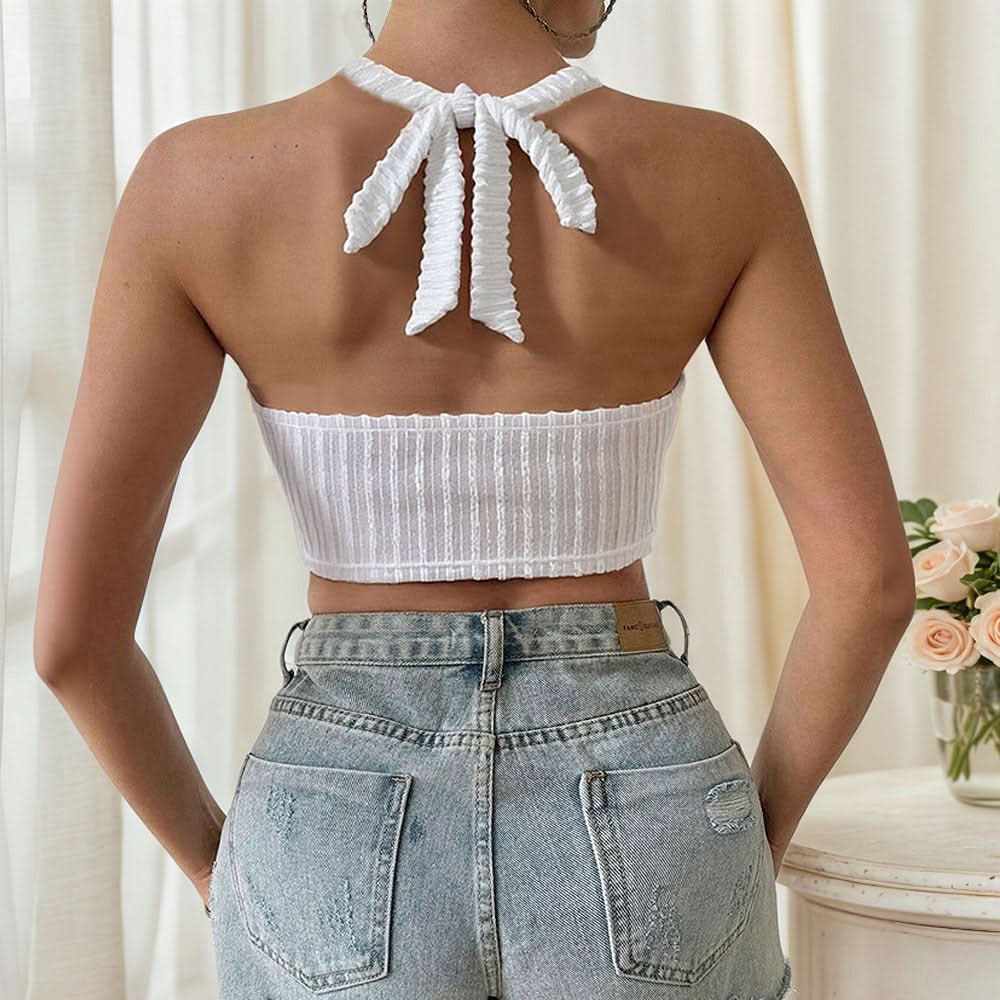 Effortless White Boho Halter Crop Top | Crochet Fringe & Textured Knit for Fall Styling