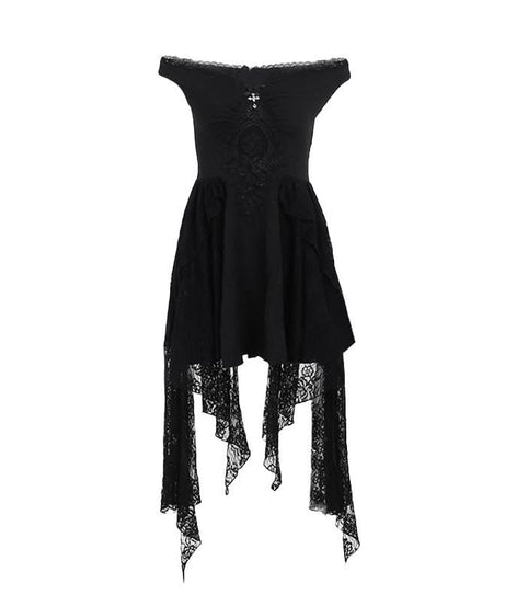 Haunted Elegance: Gothic Off-Shoulder Lace & Cross Mini Dress - Perfect for Halloween & Spooky Season