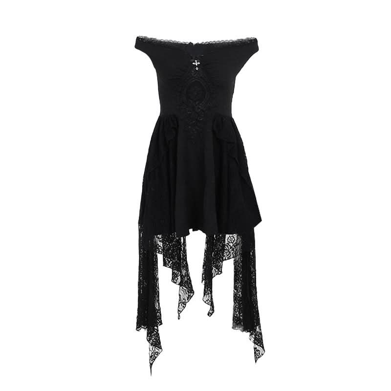 Haunted Elegance: Gothic Off-Shoulder Lace & Cross Mini Dress - Perfect for Halloween & Spooky Season