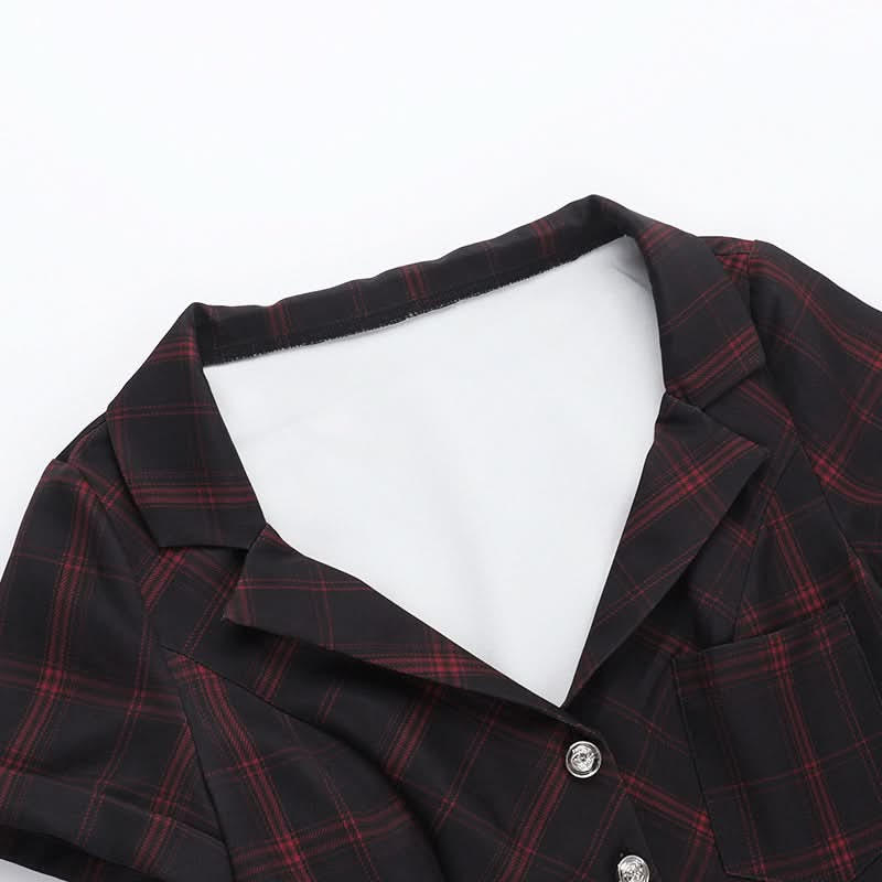 Edgy Autumn Plaid Mini Dress for Women | Button-Down Deep V-Neck with Buckle Accents | Perfect Fall & Halloween Style