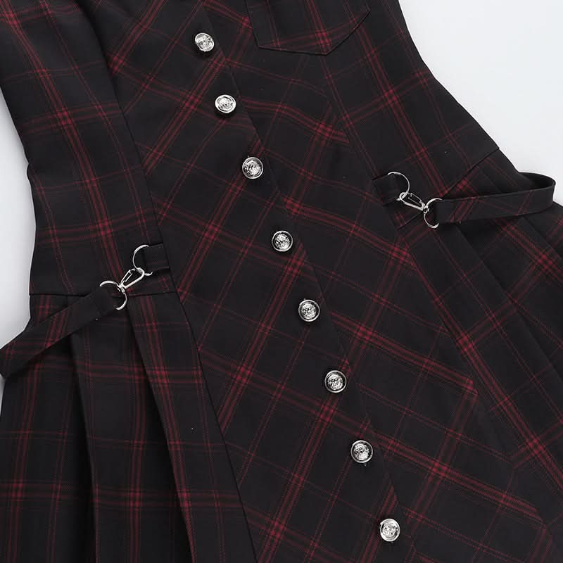 Edgy Autumn Plaid Mini Dress for Women | Button-Down Deep V-Neck with Buckle Accents | Perfect Fall & Halloween Style