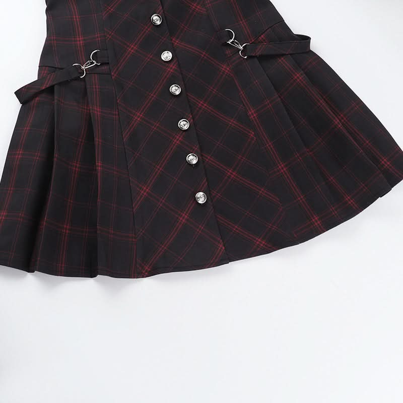 Edgy Autumn Plaid Mini Dress for Women | Button-Down Deep V-Neck with Buckle Accents | Perfect Fall & Halloween Style