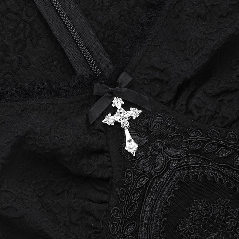 Haunted Elegance: Gothic Off-Shoulder Lace & Cross Mini Dress - Perfect for Halloween & Spooky Season