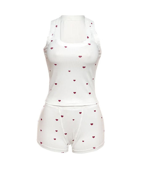 Sweet Hearts Ribbed Square Neck Tank & Shorts Set – Cozy Loungewear & Pajamas for Fall