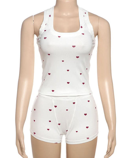 Sweet Hearts Ribbed Square Neck Tank & Shorts Set – Cozy Loungewear & Pajamas for Fall