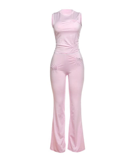 Autumn Dream Pink Heart Ruched Flare Set - Y2K Chic Loungewear Co-ord for Women