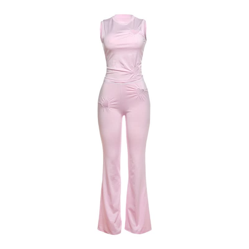 Autumn Dream Pink Heart Ruched Flare Set - Y2K Chic Loungewear Co-ord for Women