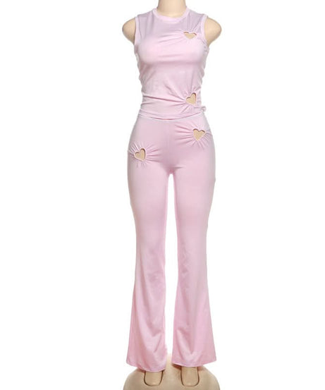 Autumn Dream Pink Heart Ruched Flare Set - Y2K Chic Loungewear Co-ord for Women