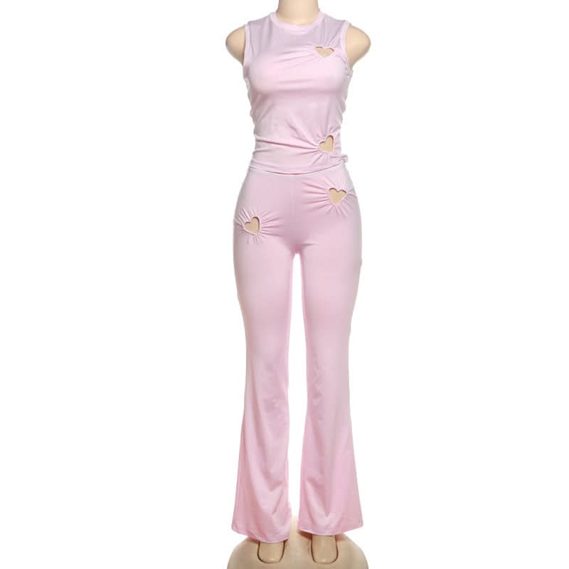 Autumn Dream Pink Heart Ruched Flare Set - Y2K Chic Loungewear Co-ord for Women