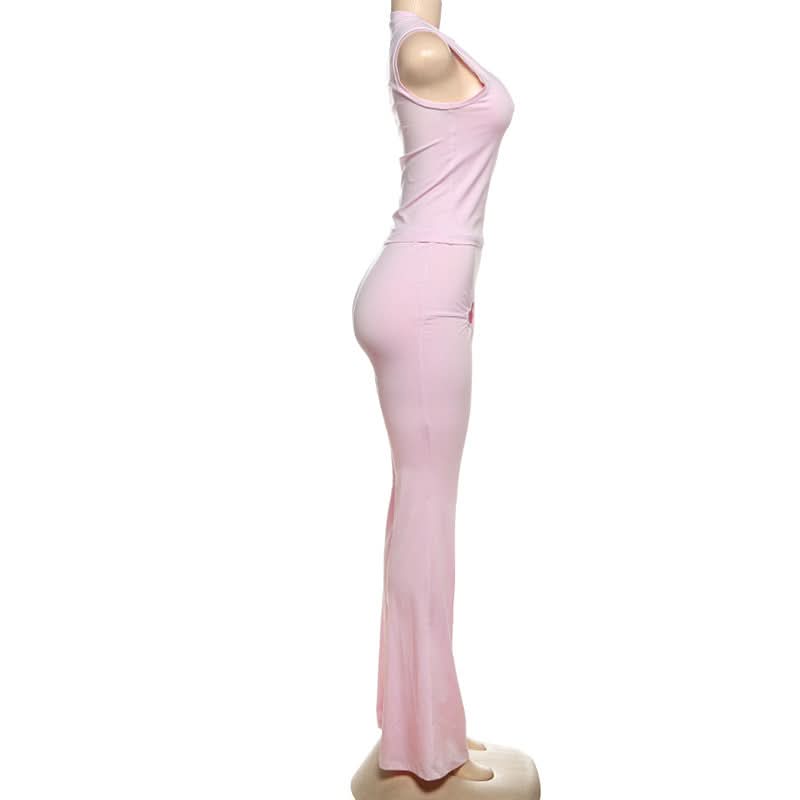 Autumn Dream Pink Heart Ruched Flare Set - Y2K Chic Loungewear Co-ord for Women