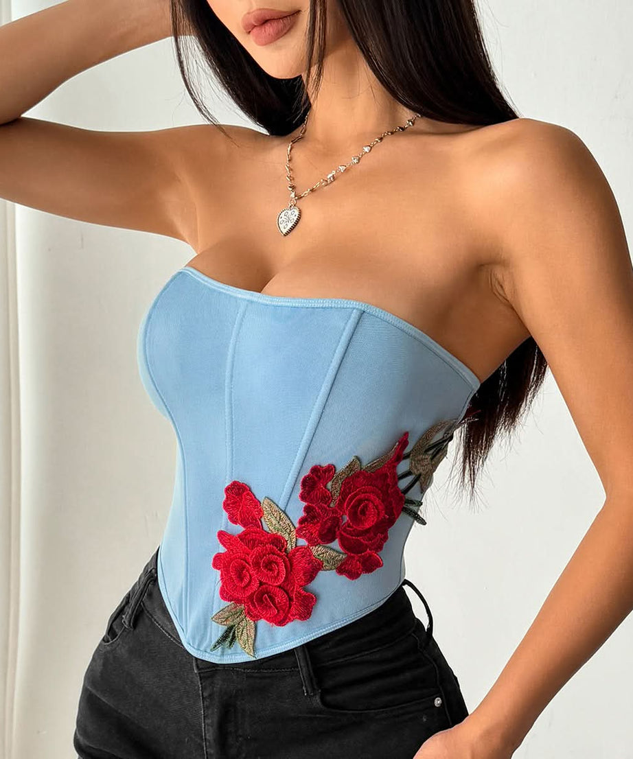 Romantic Sky Blue Rose Embroidered Corset Top - Chic Fall Date Night Essential