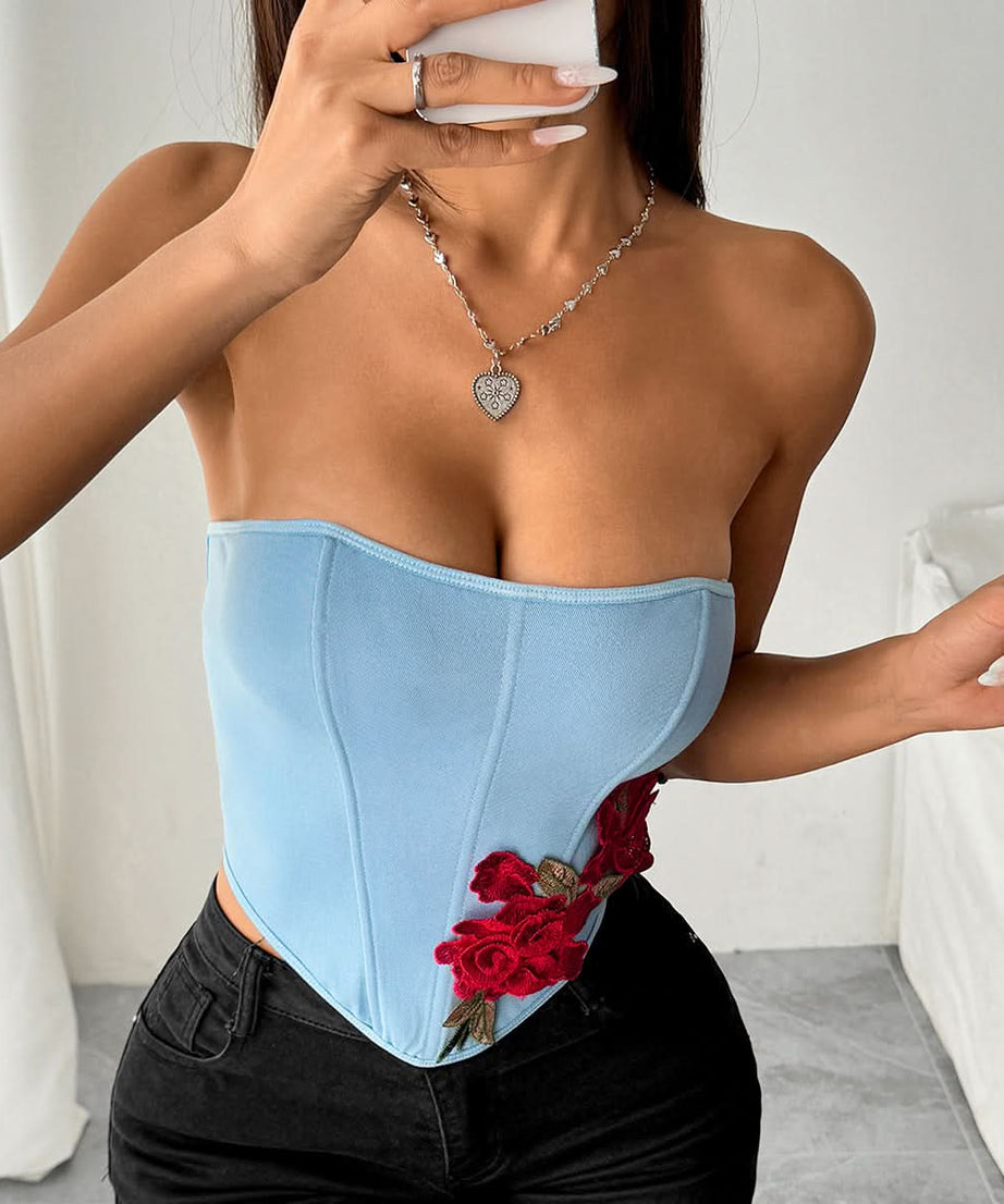 Romantic Sky Blue Rose Embroidered Corset Top - Chic Fall Date Night Essential