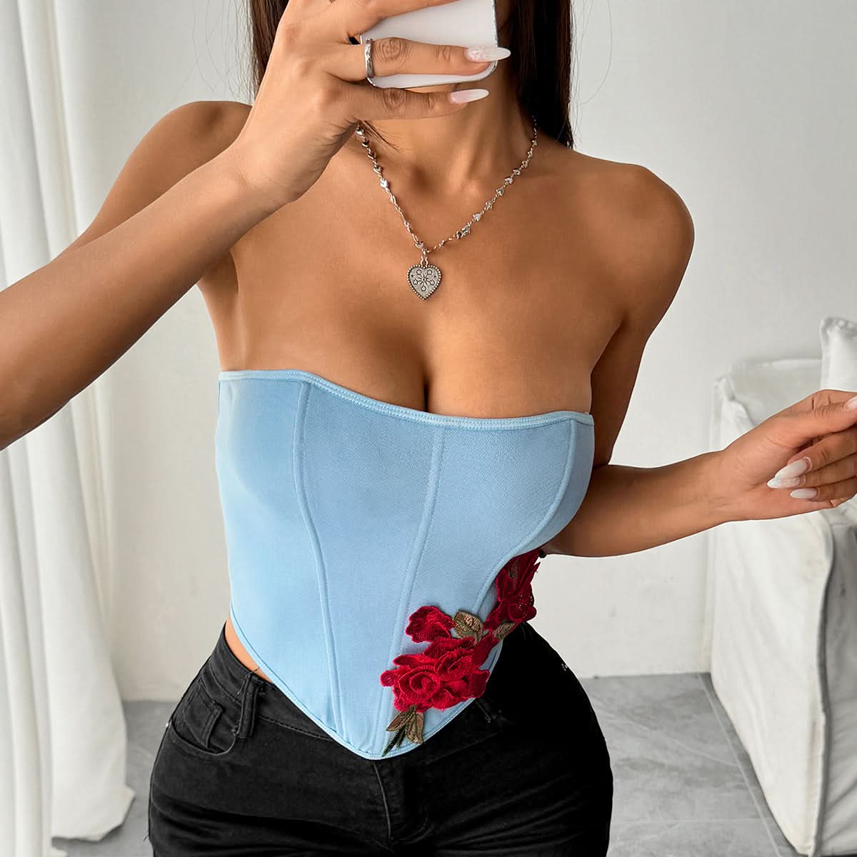 Romantic Sky Blue Rose Embroidered Corset Top - Chic Fall Date Night Essential