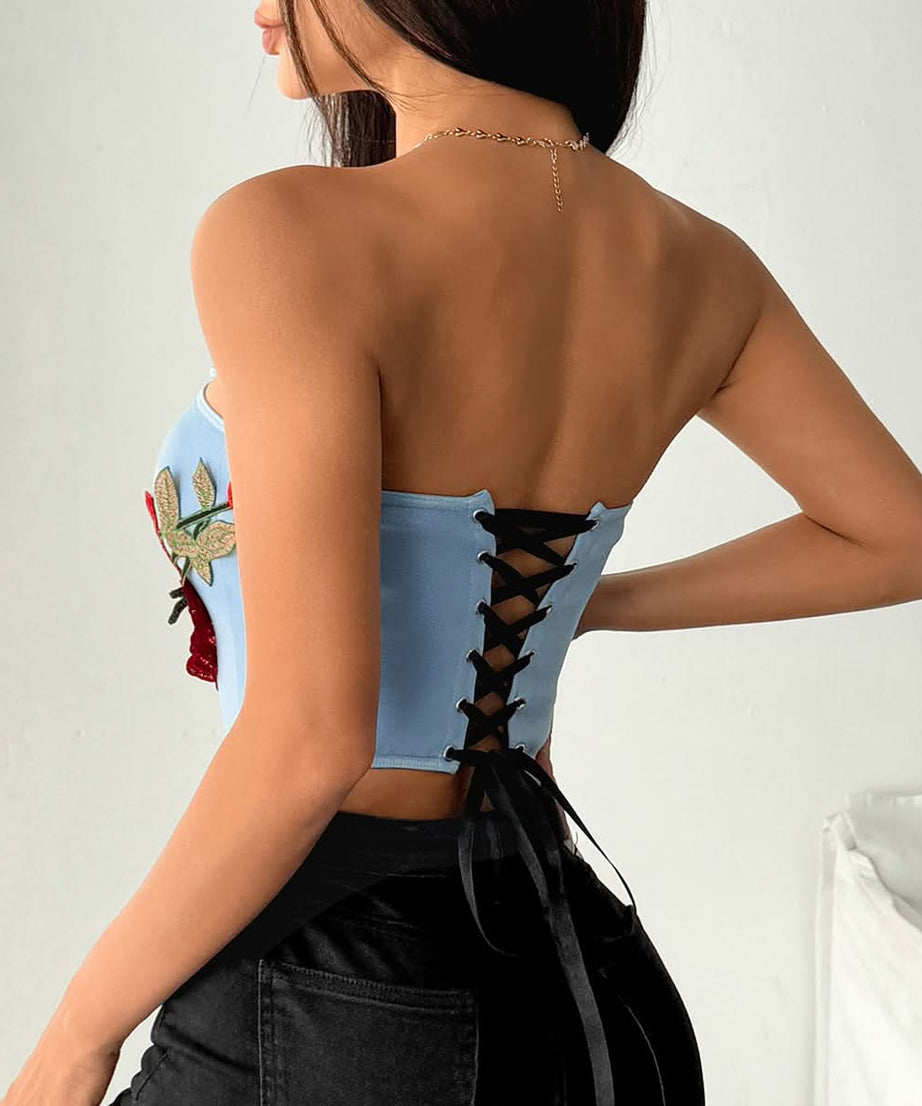 Romantic Sky Blue Rose Embroidered Corset Top - Chic Fall Date Night Essential