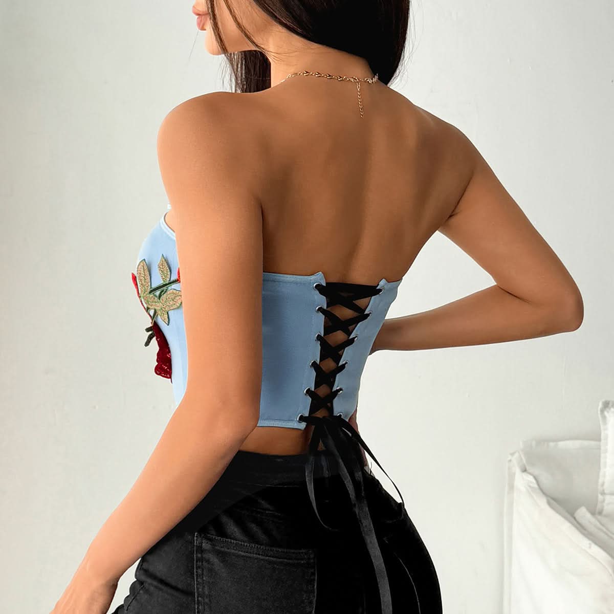 Romantic Sky Blue Rose Embroidered Corset Top - Chic Fall Date Night Essential