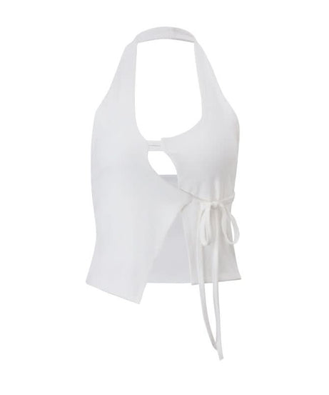 Chic White Halter Cut-Out Crop Top with Adjustable Tie Side – Perfect for Fall Layering & Nights Out