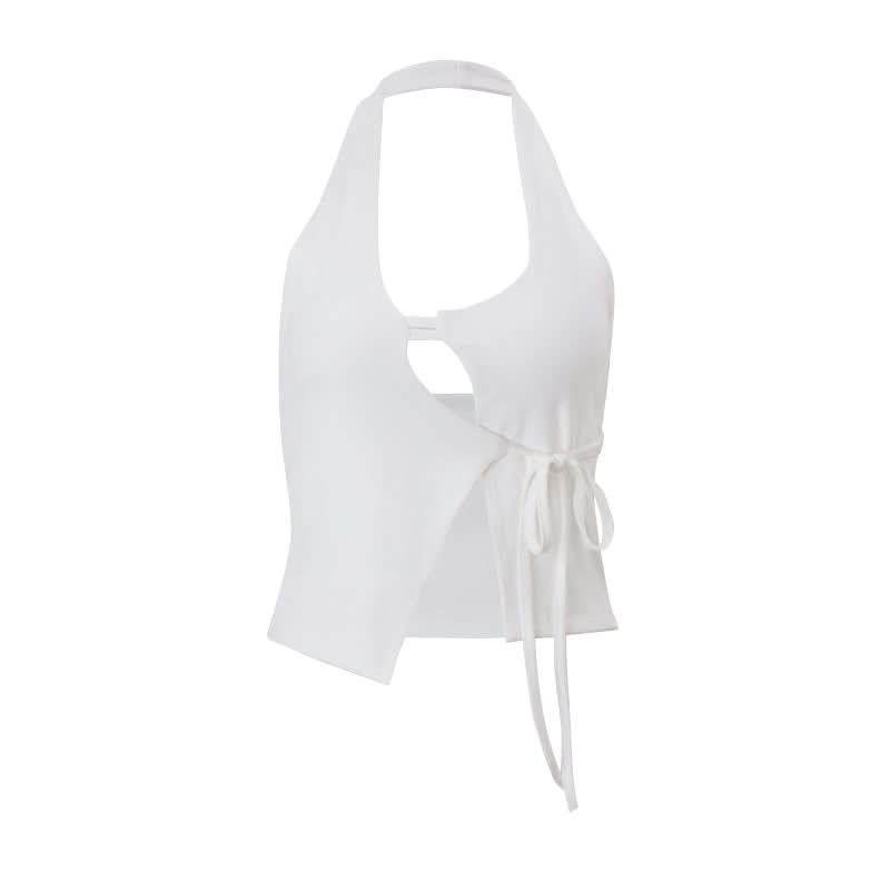Chic White Halter Cut-Out Crop Top with Adjustable Tie Side – Perfect for Fall Layering & Nights Out