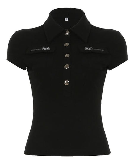 Chic Black Ribbed Knit Polo Top with Zipper & Silver Button Details | Fall Wardrobe Essential