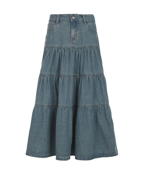 Effortless Fall Chic: Women's Tiered Denim Maxi Skirt with Pockets